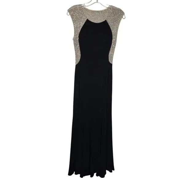 XSCAPE Beaded Rhinestone Mesh Illusion Panel Jersey Gown Black